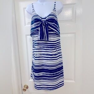 Cabi striped blue dress with tie top. Has adjustable shoulder straps. Lined